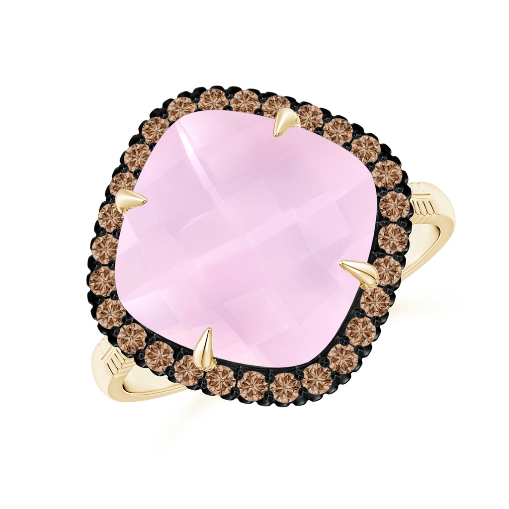 11mm AAA Claw-Set Cushion Rose Quartz Halo Ring with Filigree in Yellow Gold