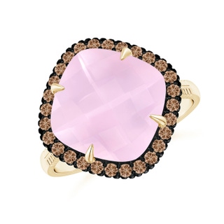 11mm AAA Claw-Set Cushion Rose Quartz Halo Ring with Filigree in Yellow Gold