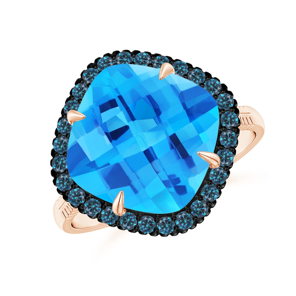 11mm AAA Claw-Set Cushion Swiss Blue Topaz Halo Ring with Filigree in Rose Gold