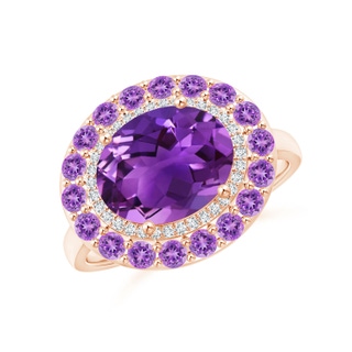 10x8mm AAAA Sideways Oval Amethyst Double Halo Cocktail Ring in Rose Gold