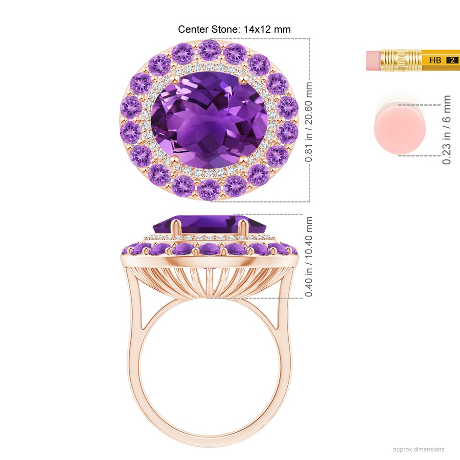 14x12mm AAAA Sideways Oval Amethyst Double Halo Cocktail Ring in Rose Gold ruler