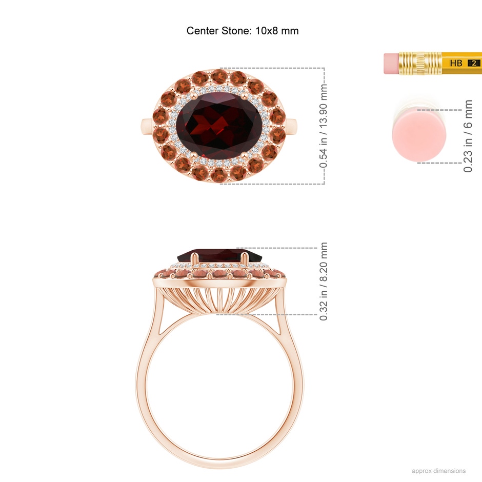 10x8mm A Sideways Oval Garnet Double Halo Cocktail Ring in Rose Gold ruler