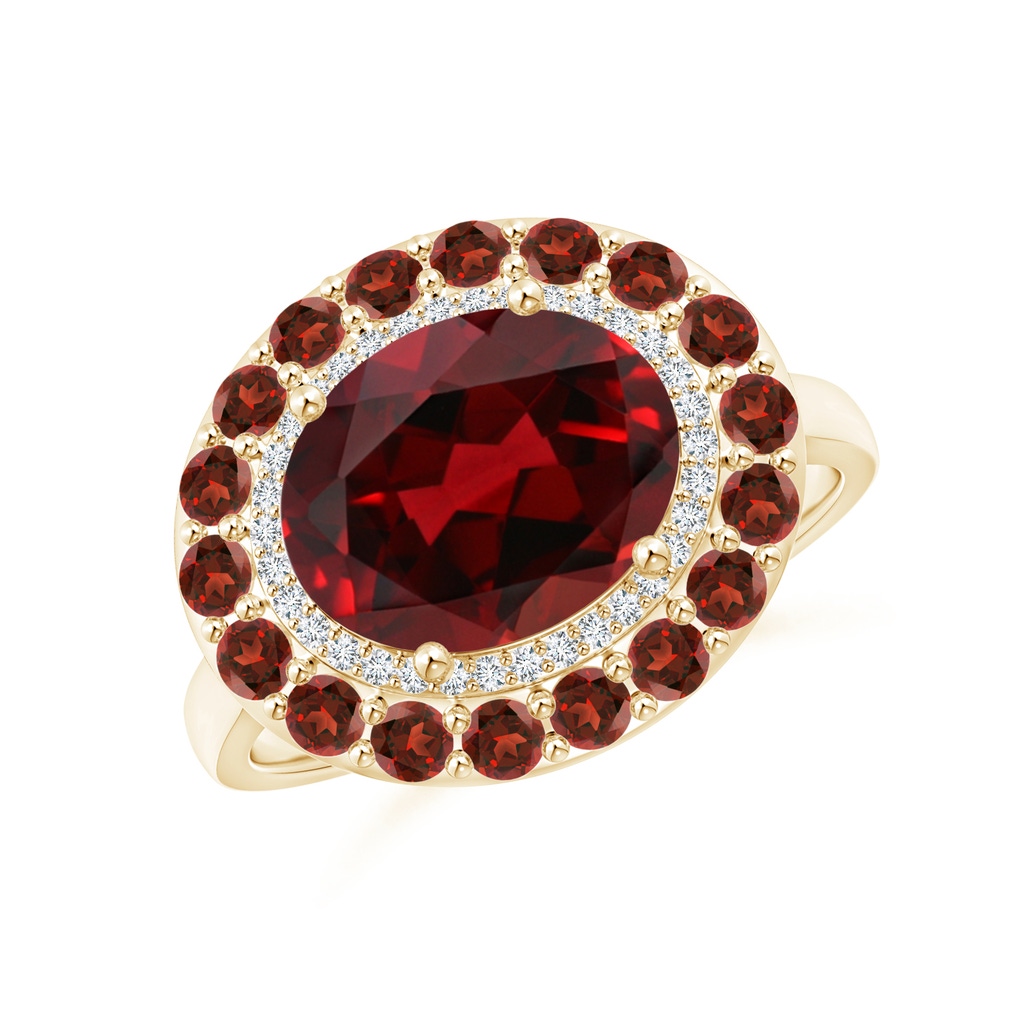 10x8mm AAAA Sideways Oval Garnet Double Halo Cocktail Ring in Yellow Gold