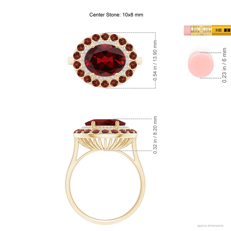 10x8mm AAAA Sideways Oval Garnet Double Halo Cocktail Ring in Yellow Gold ruler