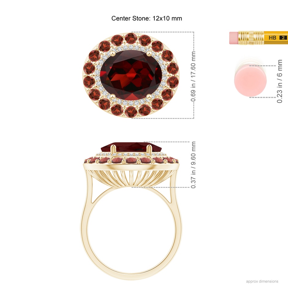 12x10mm AAA Sideways Oval Garnet Double Halo Cocktail Ring in Yellow Gold ruler