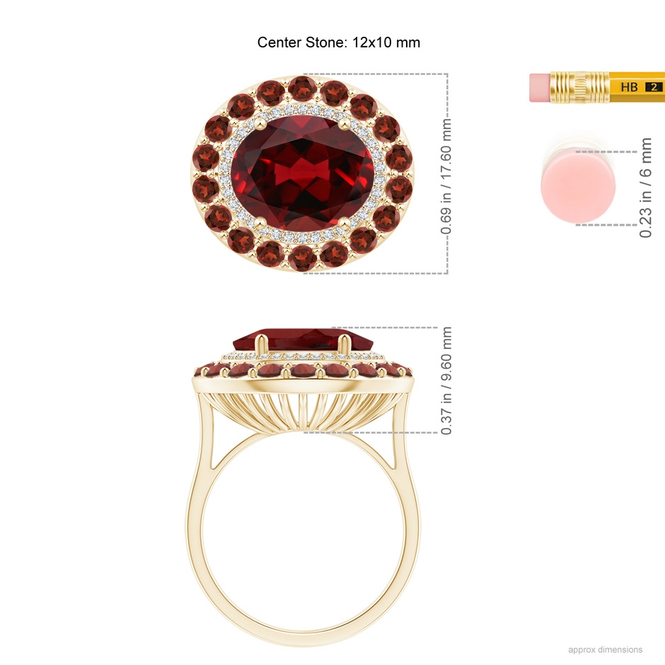 12x10mm AAAA Sideways Oval Garnet Double Halo Cocktail Ring in Yellow Gold ruler