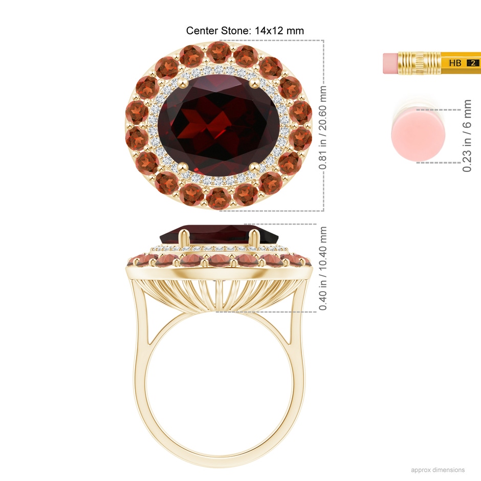 14x12mm A Sideways Oval Garnet Double Halo Cocktail Ring in Yellow Gold ruler