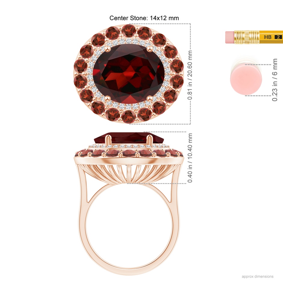14x12mm AAA Sideways Oval Garnet Double Halo Cocktail Ring in Rose Gold ruler