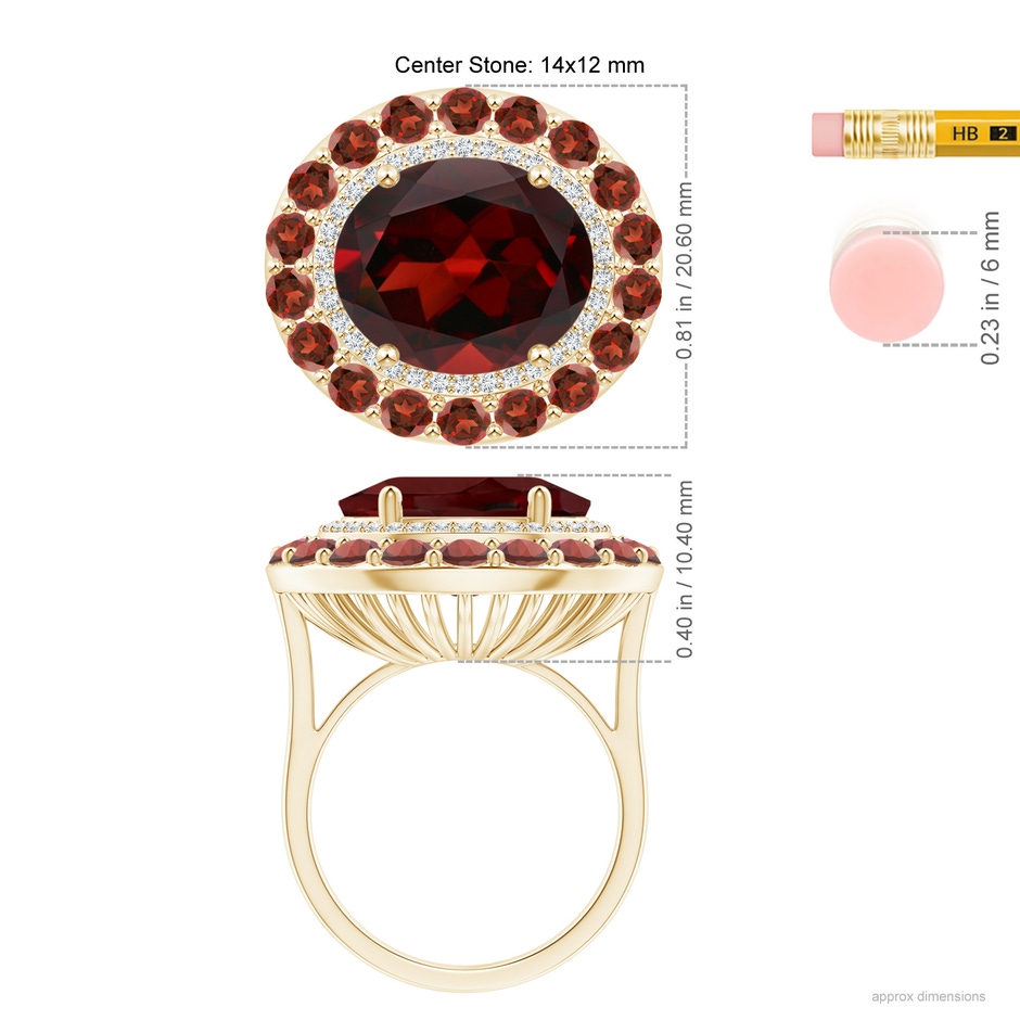 14x12mm AAA Sideways Oval Garnet Double Halo Cocktail Ring in Yellow Gold ruler