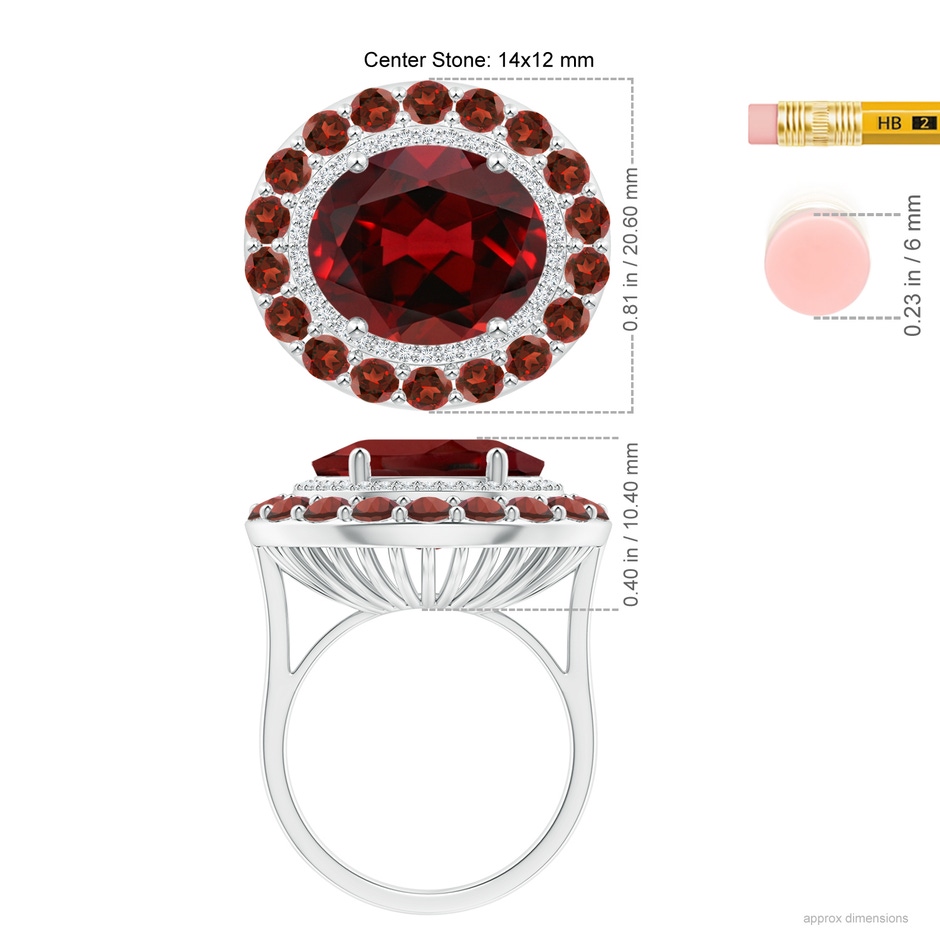 14x12mm AAAA Sideways Oval Garnet Double Halo Cocktail Ring in White Gold ruler