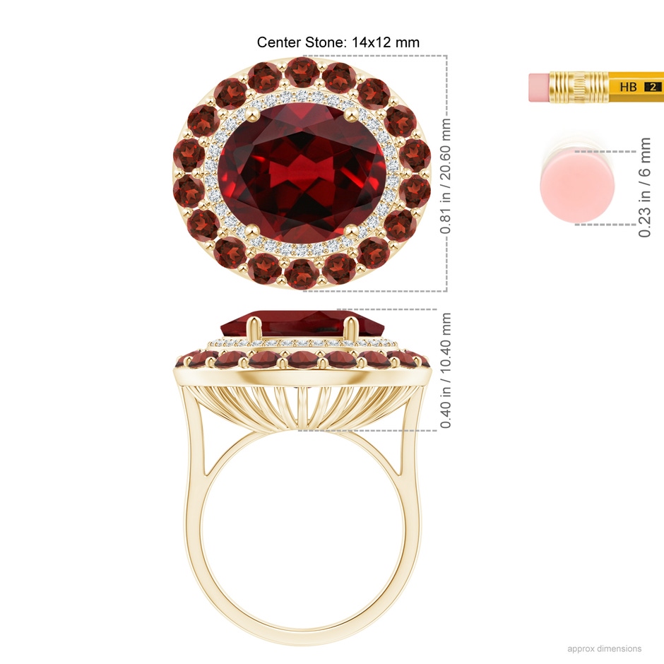 14x12mm AAAA Sideways Oval Garnet Double Halo Cocktail Ring in Yellow Gold ruler