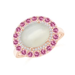 10x8mm AAA Sideways Oval Moonstone Double Halo Cocktail Ring in 9K Rose Gold
