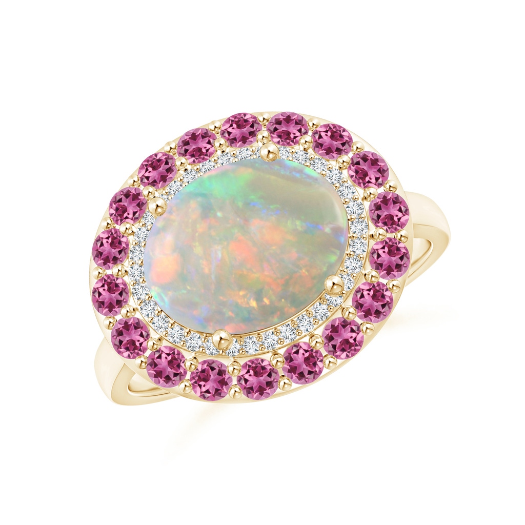 10x8mm AAAA Sideways Oval Opal Double Halo Cocktail Ring in Yellow Gold
