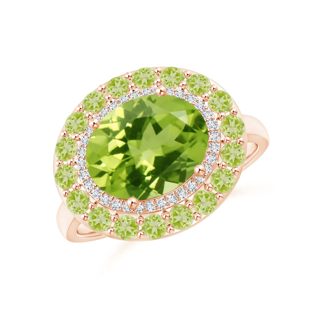 10x8mm AAA Sideways Oval Peridot Double Halo Cocktail Ring in Rose Gold