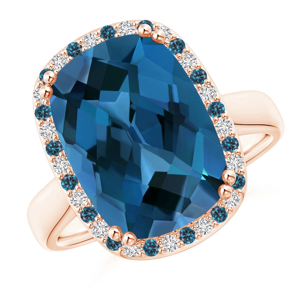 14x10mm AAA Cushion London Blue Topaz Cocktail Ring with Alternating Halo in Rose Gold