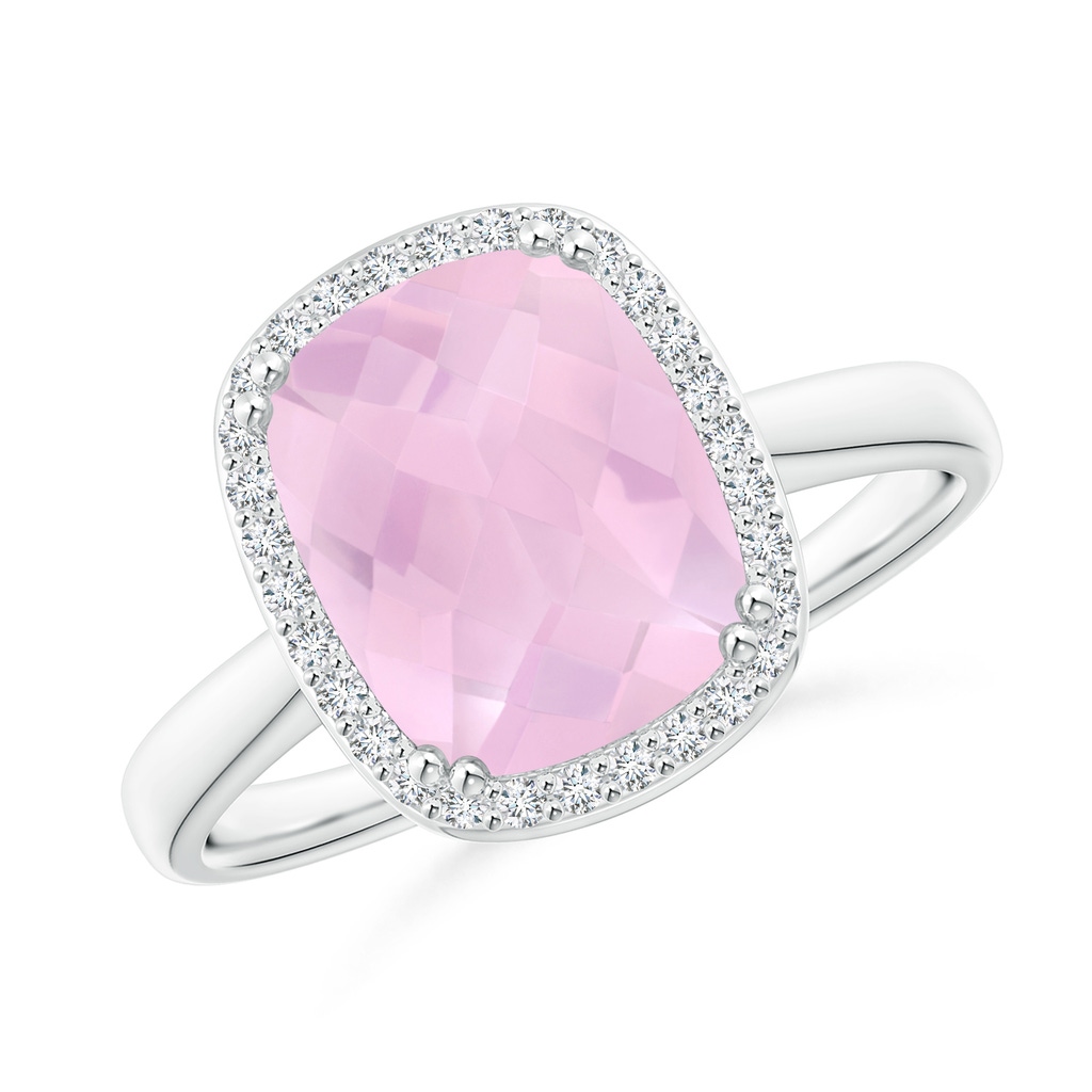 10x8mm AAAA Cushion Rose Quartz Cocktail Ring with Alternating Halo in White Gold