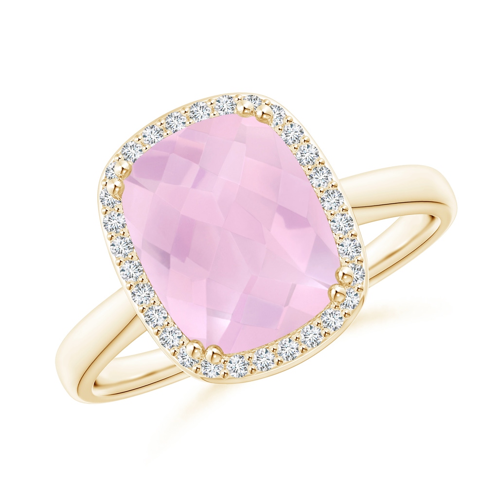 10x8mm AAAA Cushion Rose Quartz Cocktail Ring with Alternating Halo in Yellow Gold