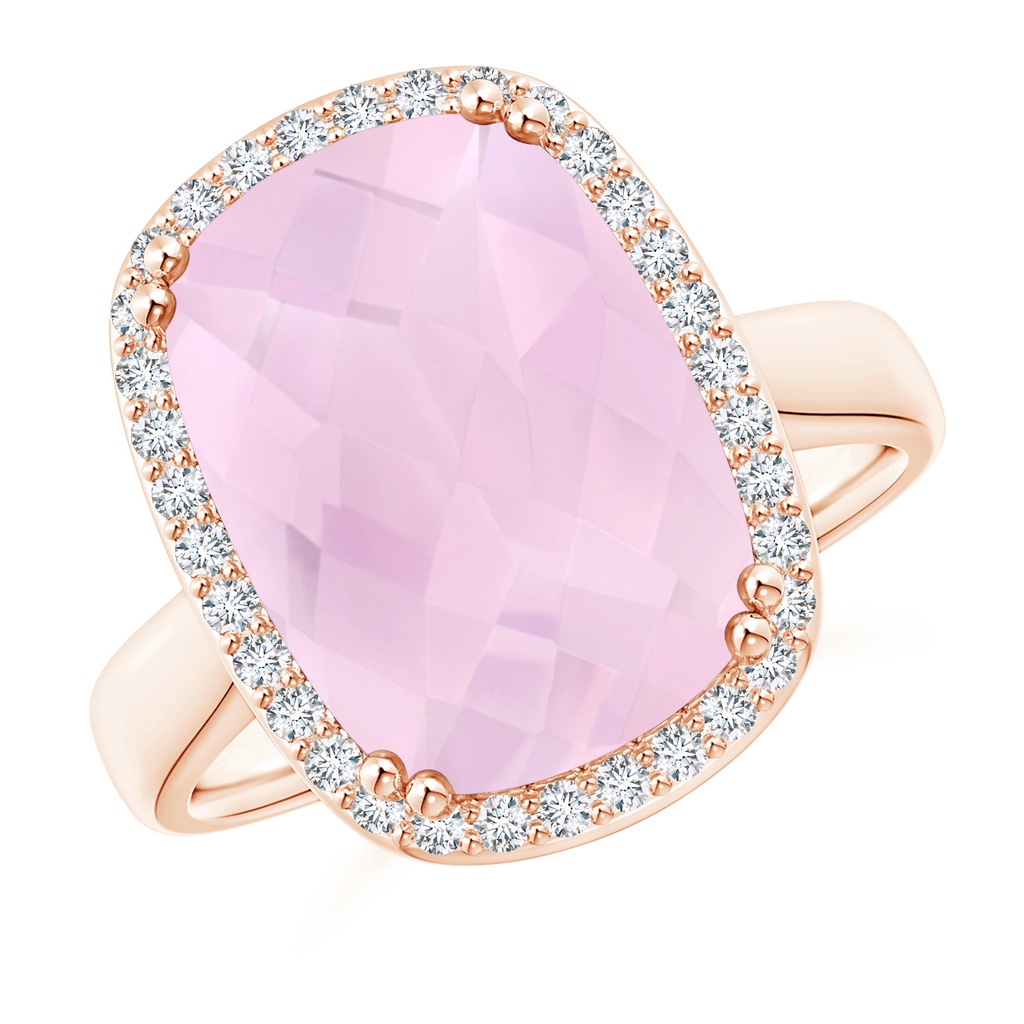 14x10mm AAA Cushion Rose Quartz Cocktail Ring with Alternating Halo in Rose Gold