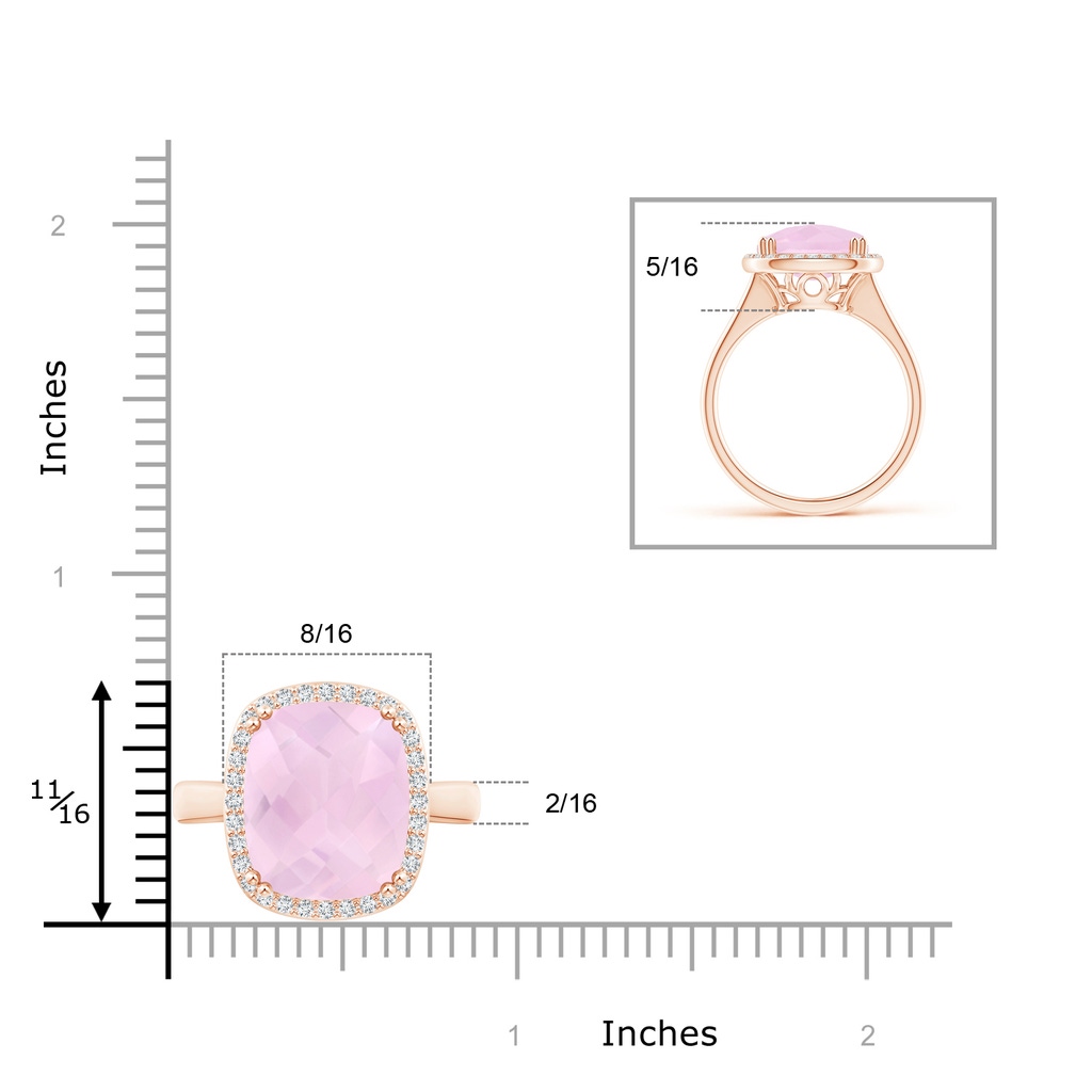 14x10mm AAA Cushion Rose Quartz Cocktail Ring with Alternating Halo in Rose Gold Ruler