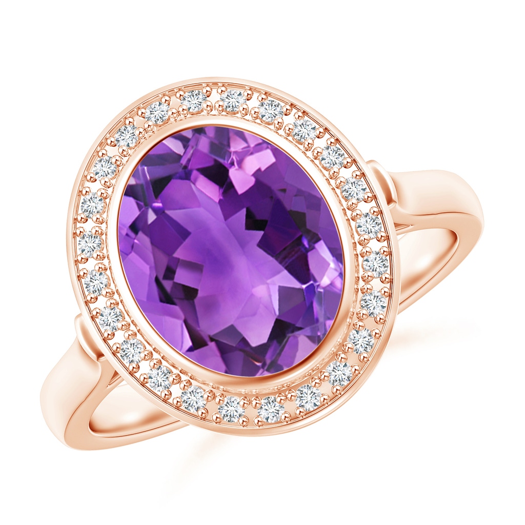 10x8mm AAA Bezel-Set Oval Amethyst Ring with Diamond Halo in Rose Gold
