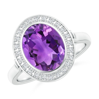 10x8mm AAA Bezel-Set Oval Amethyst Ring with Diamond Halo in White Gold