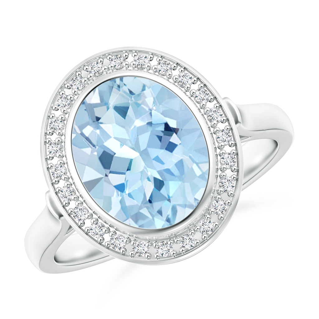 10x8mm AAA Bezel-Set Oval Aquamarine Ring with Diamond Halo in White Gold