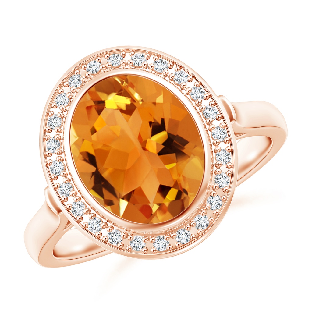 10x8mm AAA Bezel-Set Oval Citrine Ring with Diamond Halo in Rose Gold