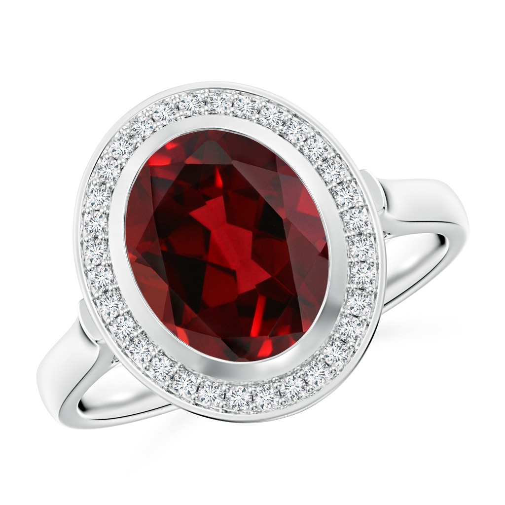 10x8mm AAAA Bezel-Set Oval Garnet Ring with Diamond Halo in White Gold