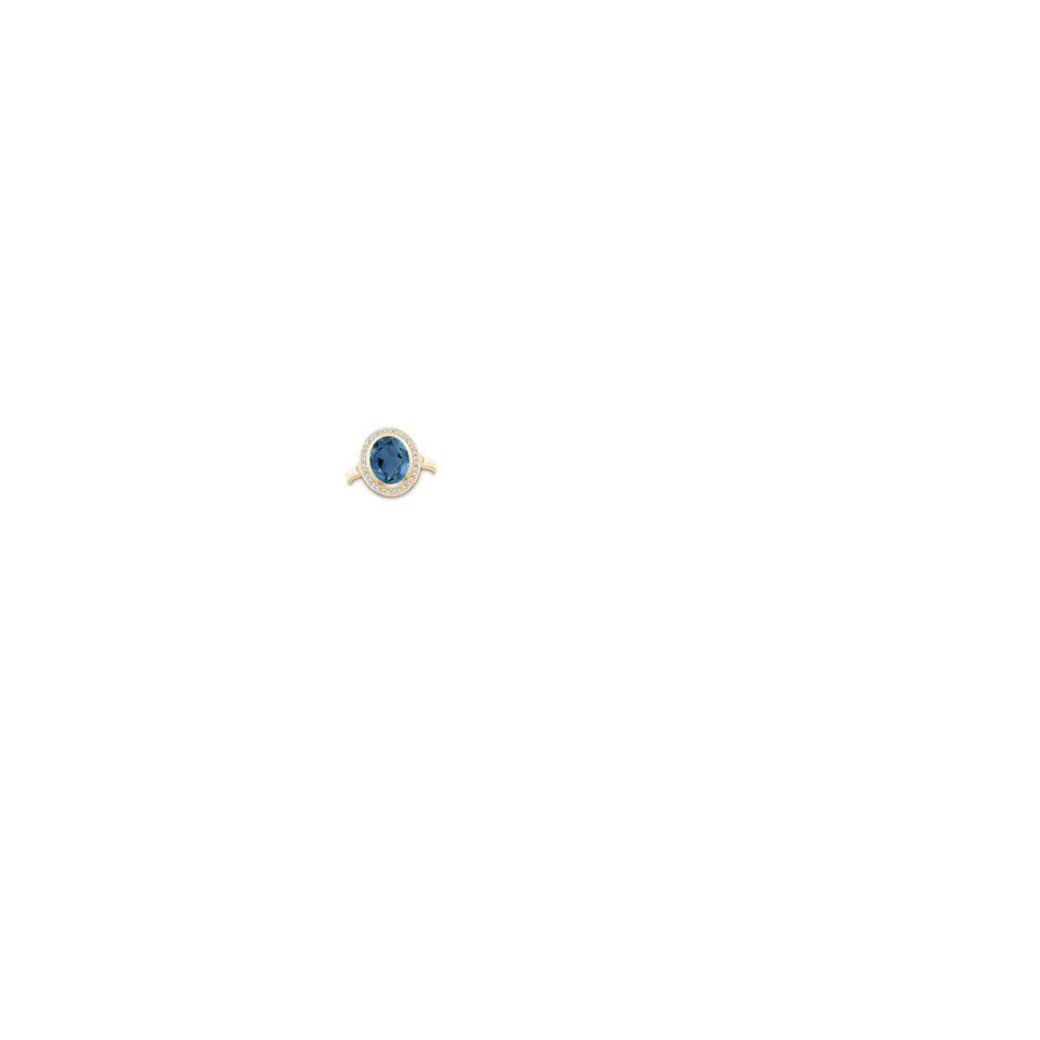 10x8mm A Bezel-Set Oval London Blue Topaz Ring with Diamond Halo in Yellow Gold body-hand