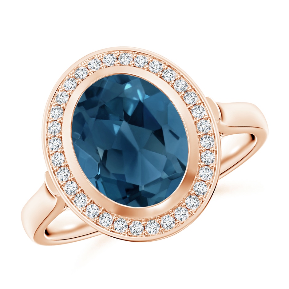 10x8mm AA Bezel-Set Oval London Blue Topaz Ring with Diamond Halo in Rose Gold 