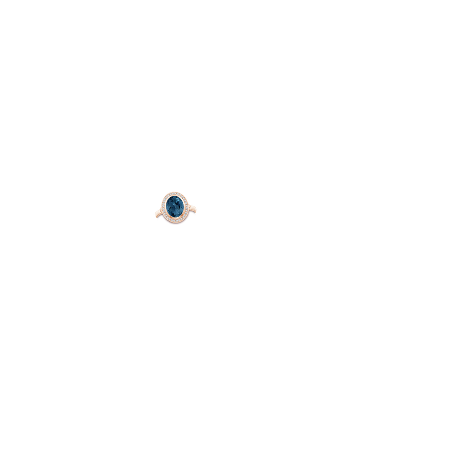 10x8mm AA Bezel-Set Oval London Blue Topaz Ring with Diamond Halo in Rose Gold body-hand