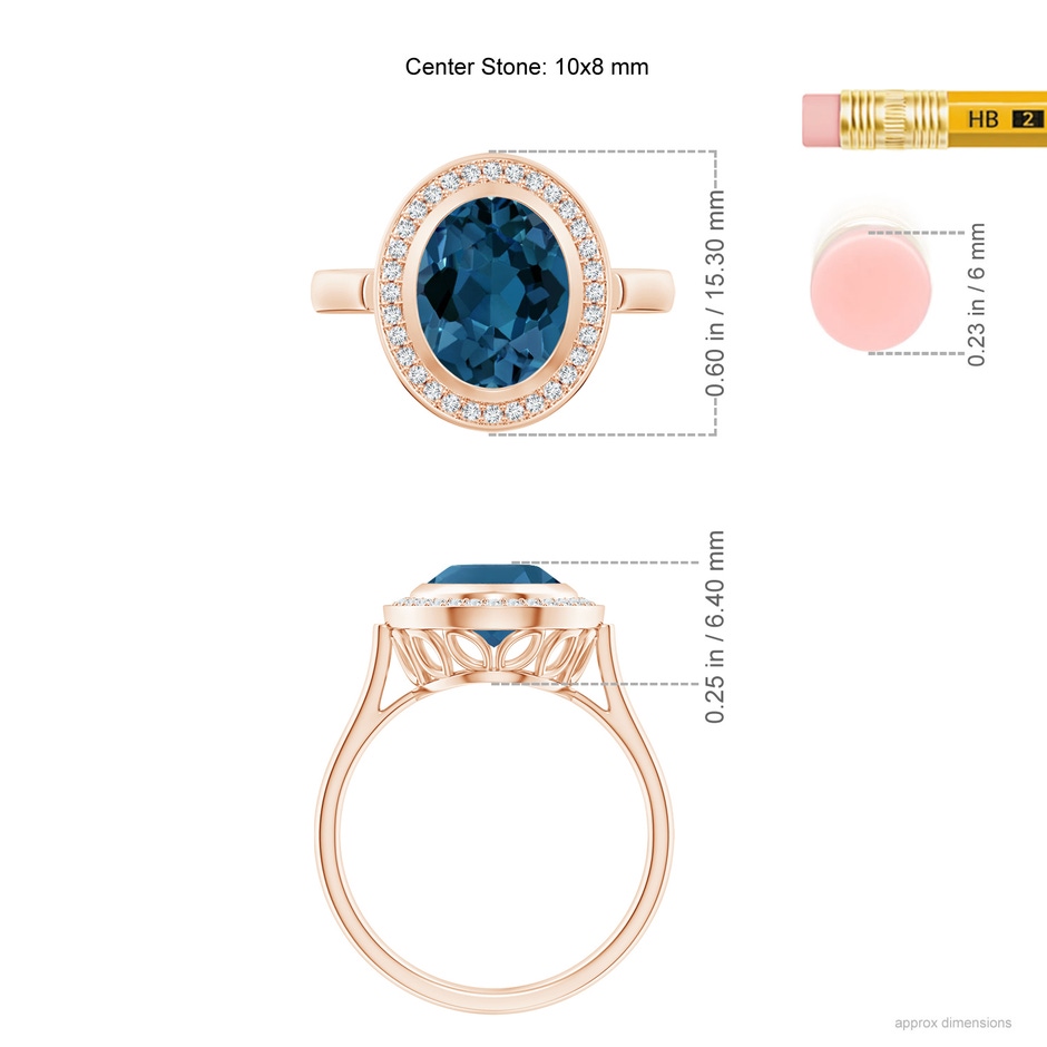 10x8mm AAA Bezel-Set Oval London Blue Topaz Ring with Diamond Halo in Rose Gold ruler