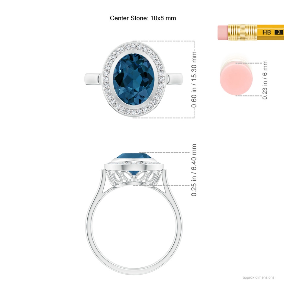 10x8mm AAA Bezel-Set Oval London Blue Topaz Ring with Diamond Halo in White Gold ruler