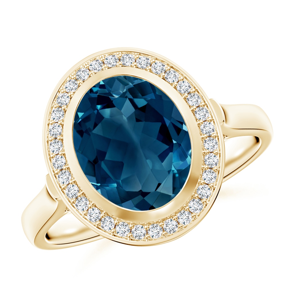 10x8mm AAAA Bezel-Set Oval London Blue Topaz Ring with Diamond Halo in Yellow Gold