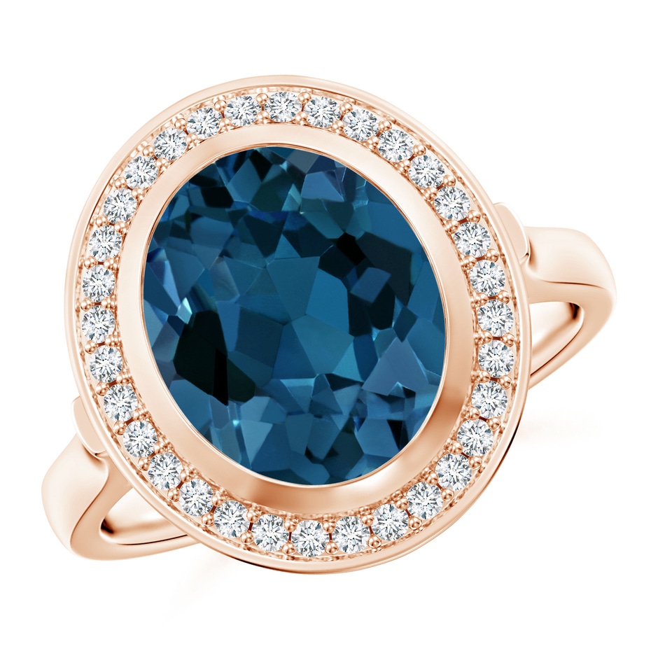 11x9mm AAA Bezel-Set Oval London Blue Topaz Ring with Diamond Halo in Rose Gold 
