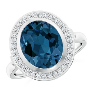 11x9mm AAA Bezel-Set Oval London Blue Topaz Ring with Diamond Halo in White Gold