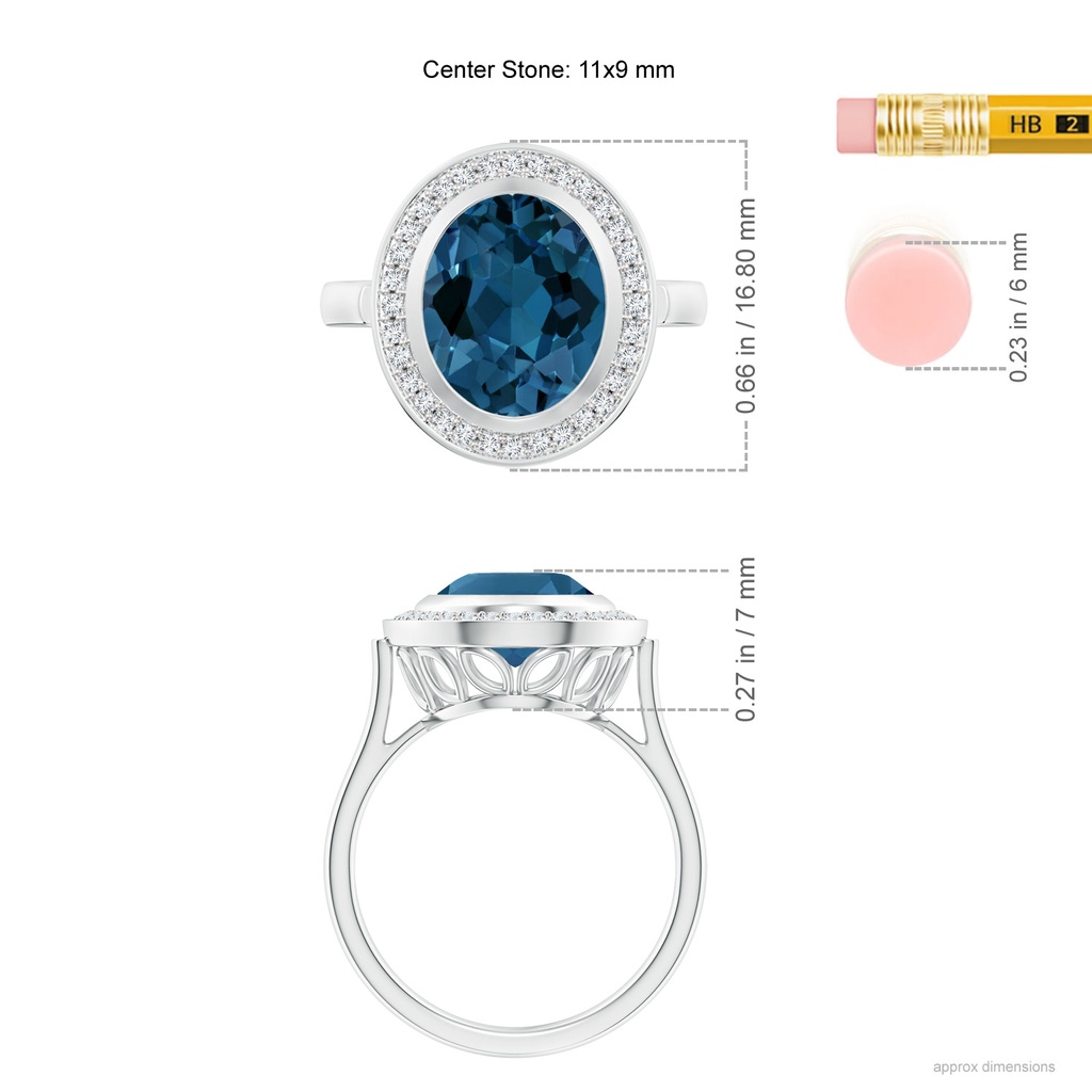 11x9mm AAA Bezel-Set Oval London Blue Topaz Ring with Diamond Halo in White Gold Ruler