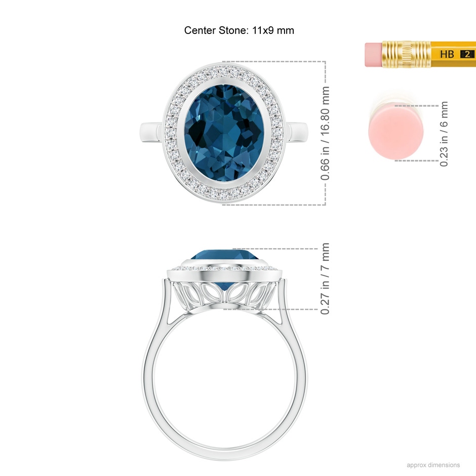 11x9mm AAA Bezel-Set Oval London Blue Topaz Ring with Diamond Halo in White Gold ruler