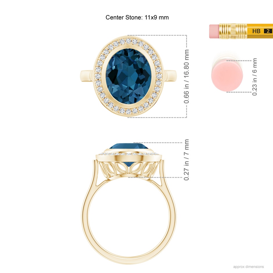 11x9mm AAA Bezel-Set Oval London Blue Topaz Ring with Diamond Halo in Yellow Gold ruler