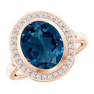 11x9mm AAAA Bezel-Set Oval London Blue Topaz Ring with Diamond Halo in Rose Gold