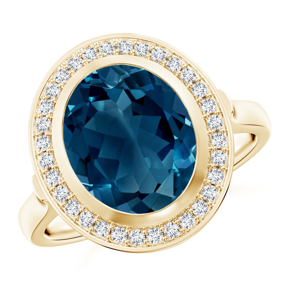 11x9mm AAAA Bezel-Set Oval London Blue Topaz Ring with Diamond Halo in Yellow Gold 