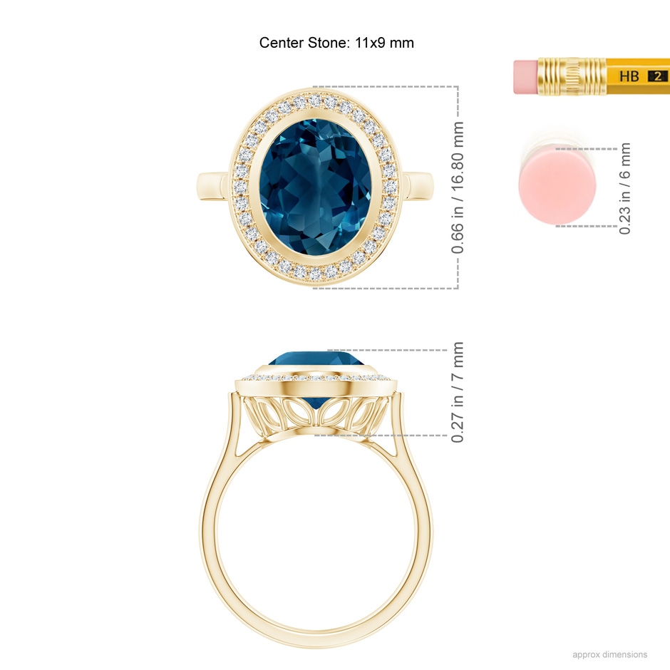 11x9mm AAAA Bezel-Set Oval London Blue Topaz Ring with Diamond Halo in Yellow Gold ruler