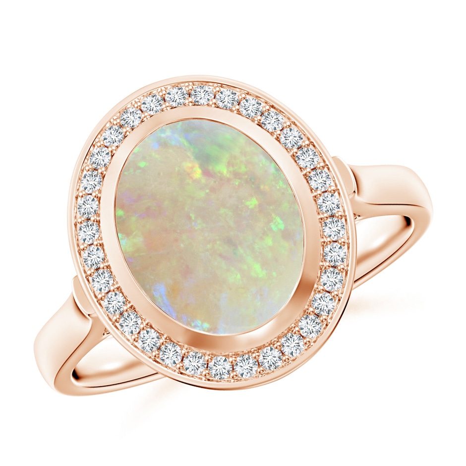 10x8mm AAA Bezel-Set Oval Opal Ring with Diamond Halo in Rose Gold 
