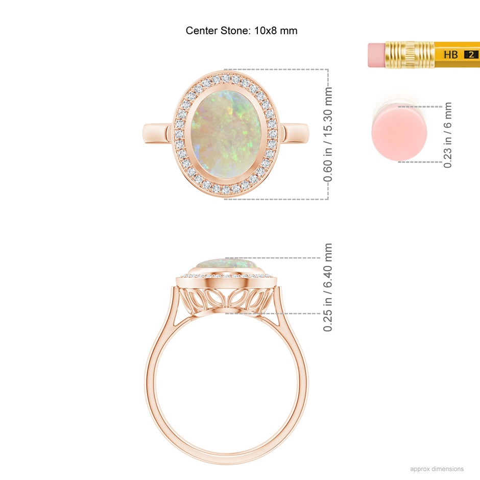 10x8mm AAA Bezel-Set Oval Opal Ring with Diamond Halo in Rose Gold ruler