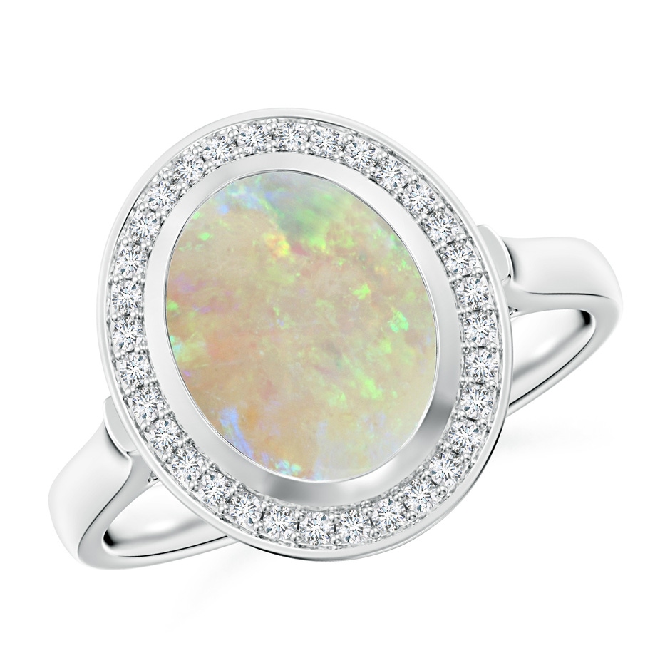 10x8mm AAA Bezel-Set Oval Opal Ring with Diamond Halo in White Gold 
