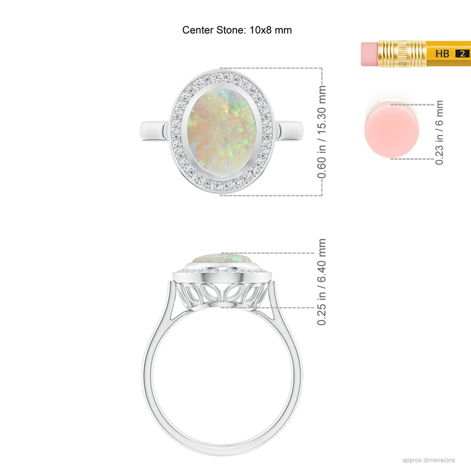 10x8mm AAA Bezel-Set Oval Opal Ring with Diamond Halo in White Gold ruler