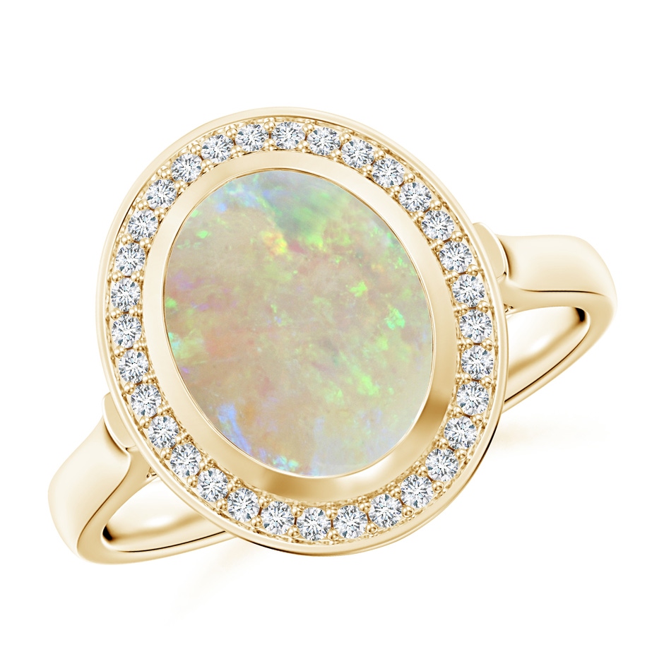 10x8mm AAA Bezel-Set Oval Opal Ring with Diamond Halo in Yellow Gold 