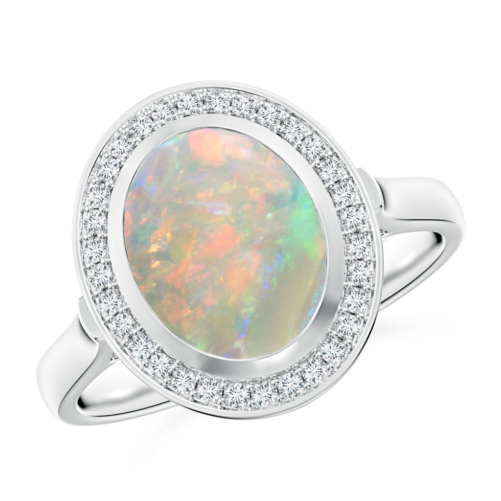 10x8mm AAAA Bezel-Set Oval Opal Ring with Diamond Halo in White Gold
