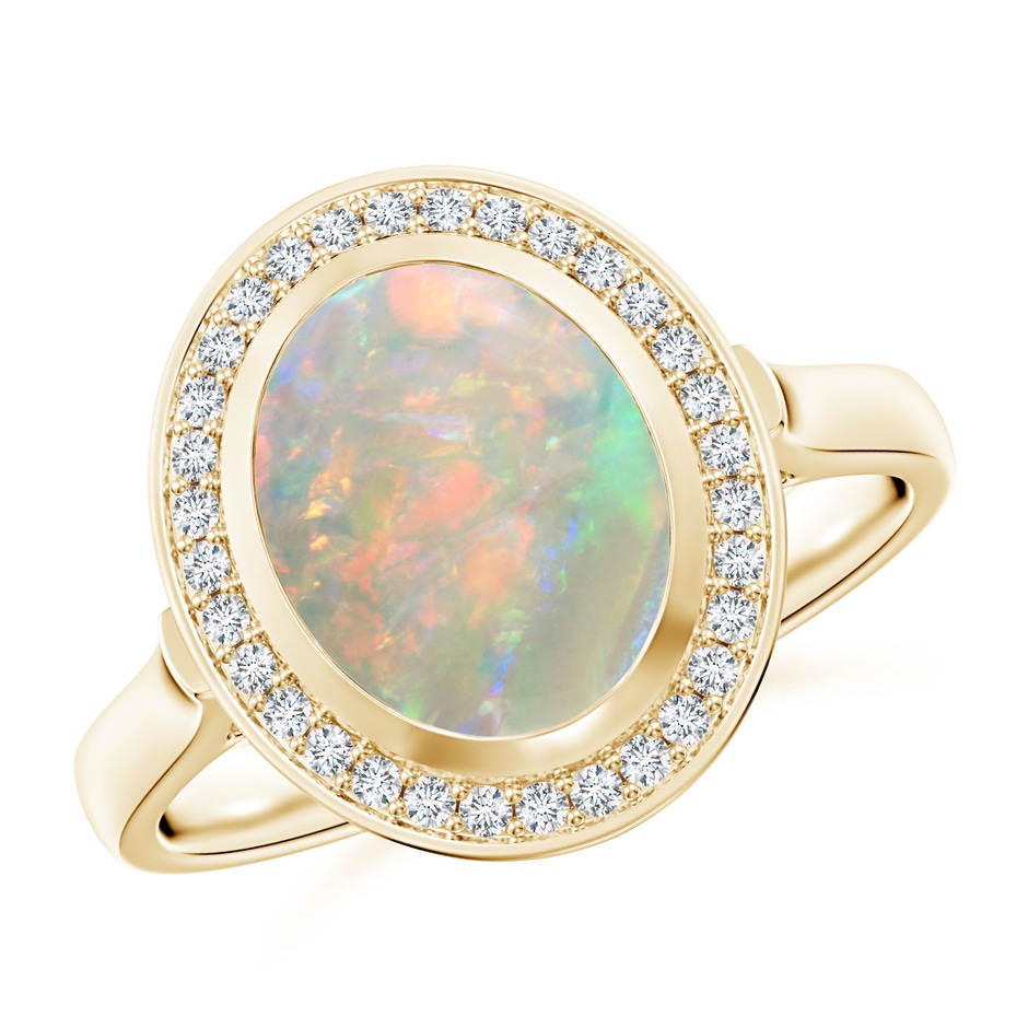 10x8mm AAAA Bezel-Set Oval Opal Ring with Diamond Halo in Yellow Gold 