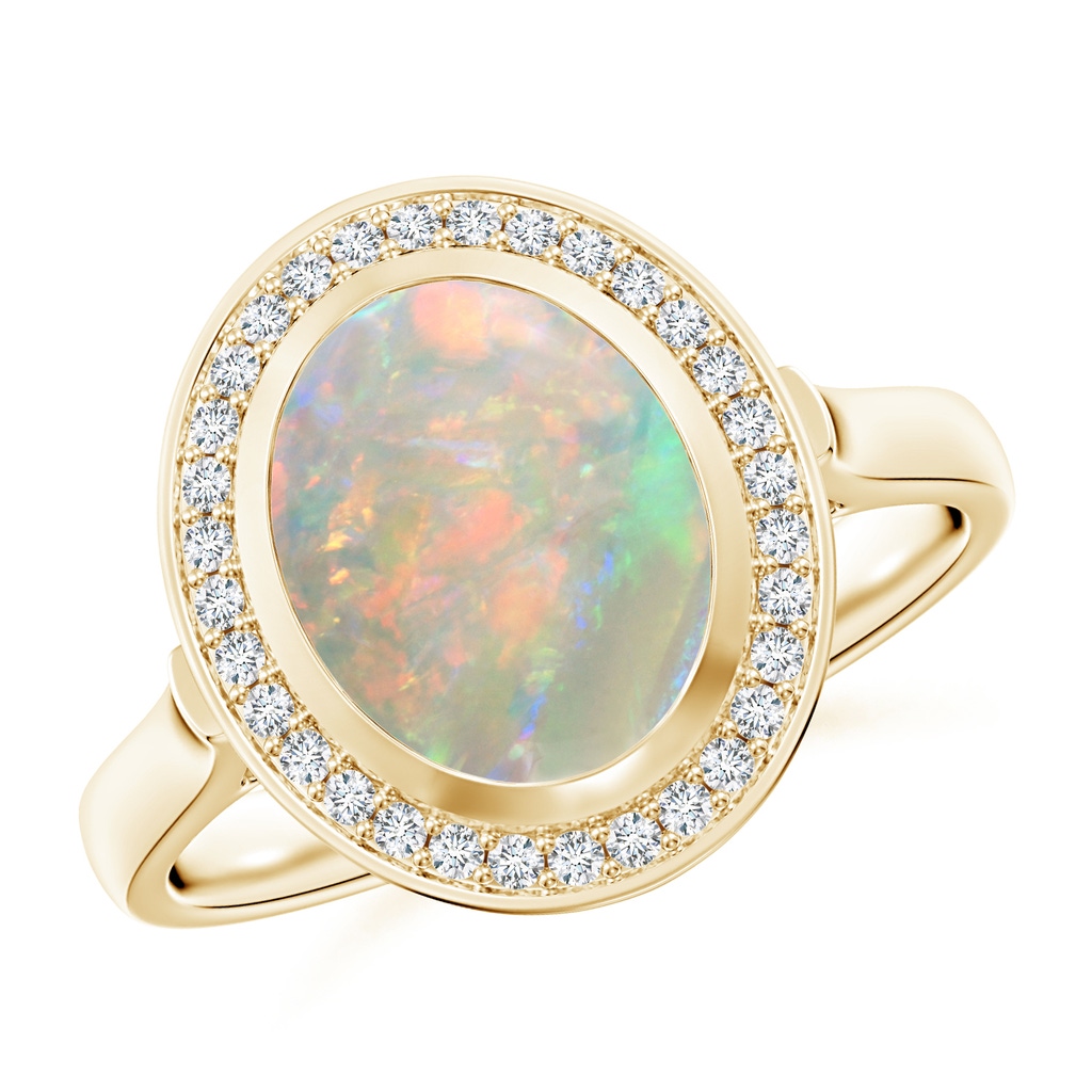 10x8mm AAAA Bezel-Set Oval Opal Ring with Diamond Halo in Yellow Gold